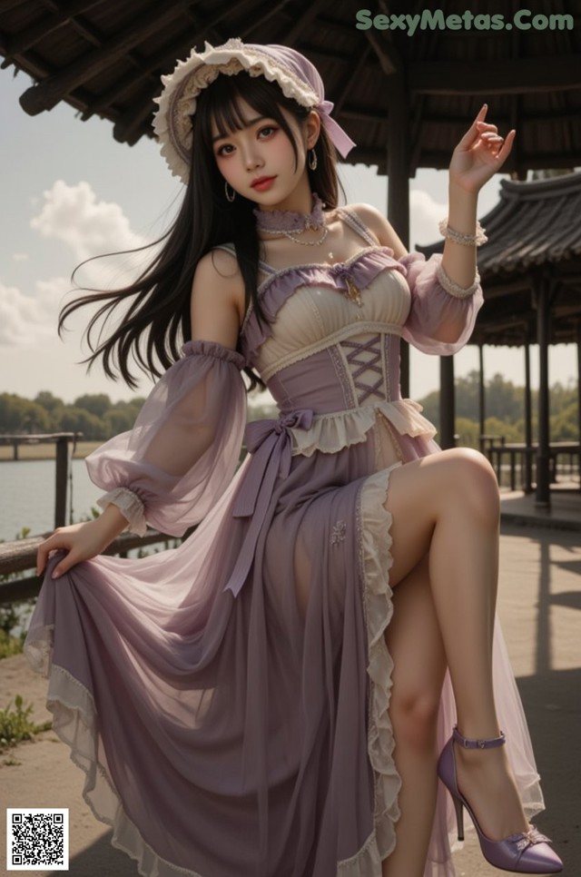 A woman in a purple dress and hat posing for a picture.