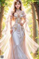 A woman in a wedding dress standing in the woods.