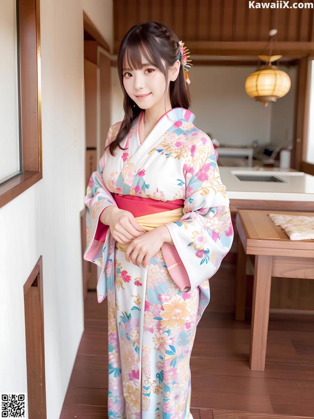 A woman in a kimono standing in a kitchen.