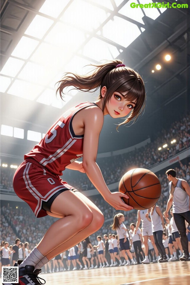 A woman in a red and white uniform holding a basketball.