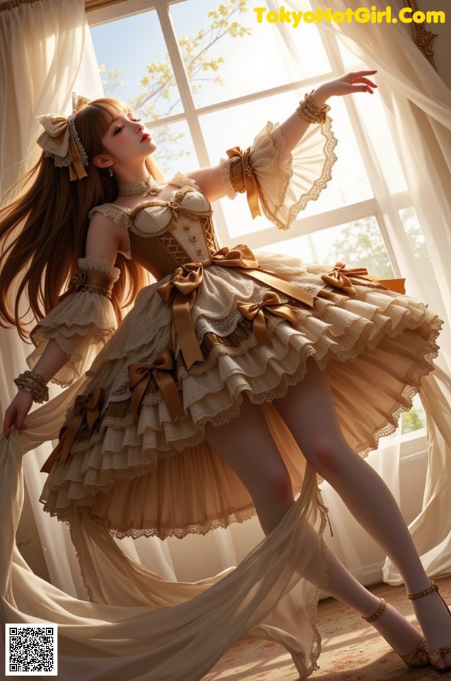 A woman in a dress is posing in front of a window.